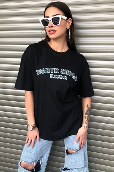 WNWGKN تي شيرت Trendpunky نسائي أسود مطبوع كبير الحجم