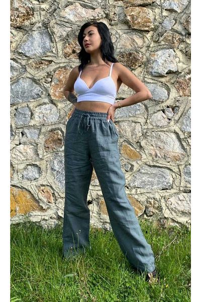 Lieta Boutique 100% Linen High Waist Petrol Blue Women's Trousers / Eco-Friendly Sustainable Unmixed Raw Linen