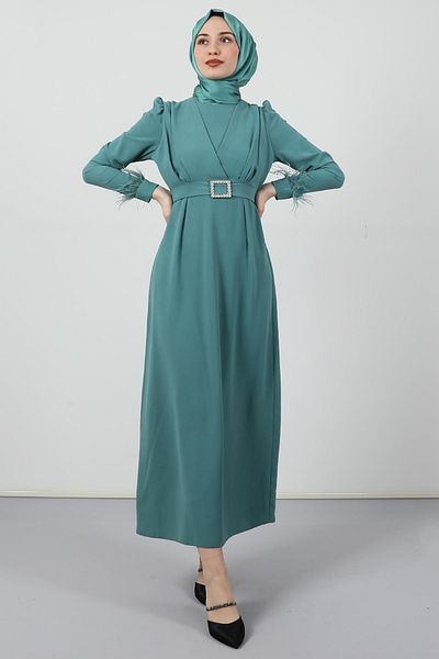 Giza Giyim Φόρεμα Hijab με λεπτομέρεια με πούπουλα Mint