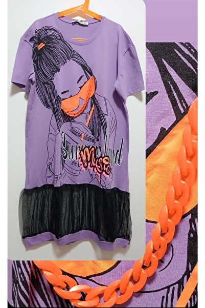 Elvinsa Rochie de fetiță în stil liliac, cu lanț portocaliu imprimat și detal...