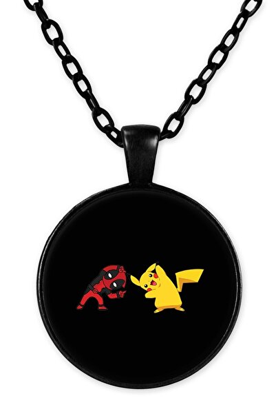 herotasarım قلادة سلسلة سوداء منقوشة من ديدبول بيكاتشو - Bll450