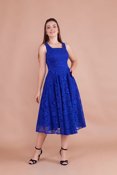 Bidoluelbise French Lace Square Collar Midi Length Sleeveless Thick Strap Evening & Invitation & Graduation Dress