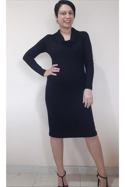 Mertcan Butik Μαύρο φαρδύ φόρεμα με γιακά από βαμβακερή βισκόζη με μολύβι κάτω από το γόνατο