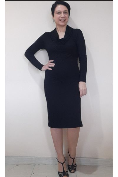 Mertcan Butik Μαύρο φαρδύ φόρεμα με γιακά από βαμβακερή βισκόζη με μολύβι κάτω από το γόνατο