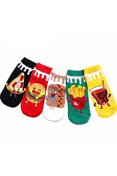 çorapmanya 5 Pairs New Funny Happy Cartoon Foods Series Pizza Fries Hamburger Cola Hot Dog Pattern