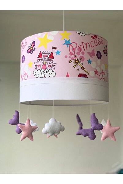 Leobabyroom Prenses Kulesi Desenli Beyaz Bulut Lila Kelebek Pembe Yıldız Figü...