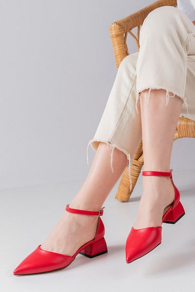 MELİKMERT New Season Women's Red Leather Slit Belly Ankle Strap Short Heeled Shoes 3cm