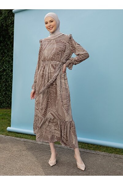 Refka Geometric Patterned Lined Chiffon Hijab Dress - Brown - Casual