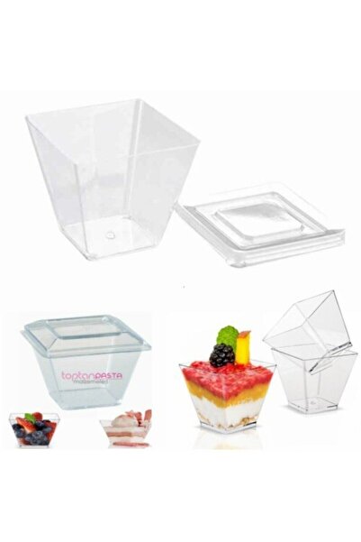 14Süs Sert Plastik Kapaklı Magnolia Kabı Piramit Kübik Tatlı Kasesi 200cc (24...
