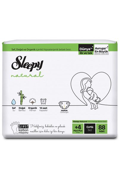 Sleepy Natural Baby Diapers 4-Piece Jumbo 4+ Size 9-16 Kg 88 Pieces