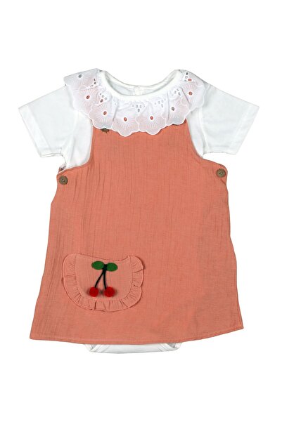 Melekpare Kız Bebek Çocuk Jile Elbise Cepli Kirazlı Çıtçıtlı Badi % 100 Pamuk...