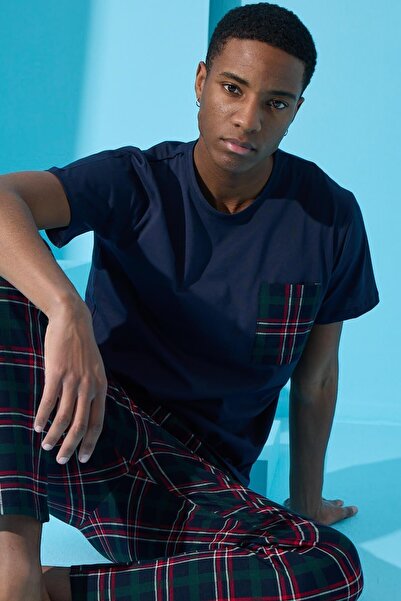 Pijamaevi Mornarsko plavi muški pidžama set sa dvostrukim kariranim uzorkom i...