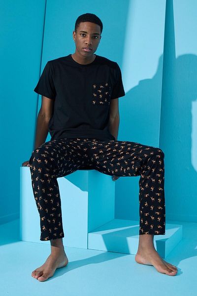 Pijamaevi Black Pocket Detailed Deer Patterned Short Sleeve Men's Pajama Set