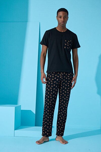 Pijamaevi Black Pocket Detailed Deer Patterned Short Sleeve Men's Pajama Set