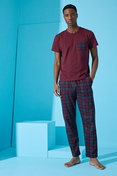 Pijamaevi Claret Red Many Square Plaid Patterned Short Sleeve Men's Pajama Set