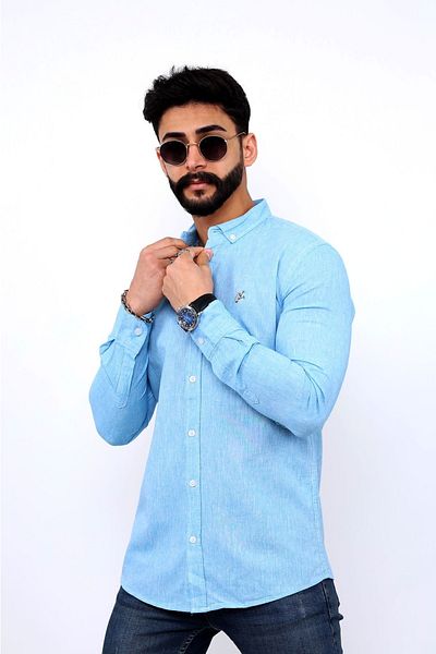 hammerland Cămașă de in cu broderie pentru bărbați-albastru Hmd0003