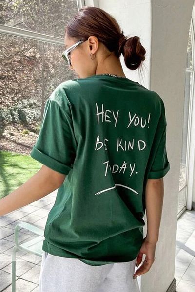 MODAGEN Tricou oversize cu imprimeu Hey You verde pentru femei