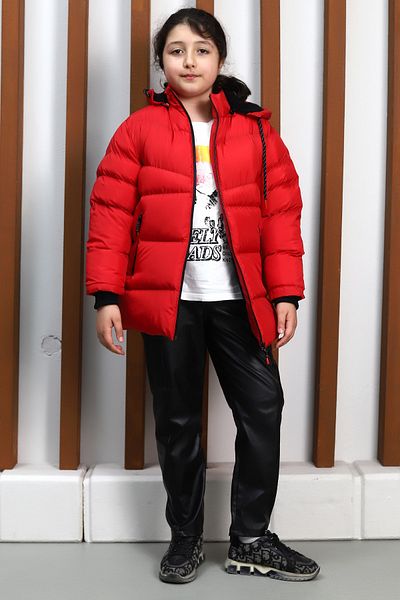 MUSD LİFE Girl's Red Water and Windproof Detachable Hooded Fur Lined Coat