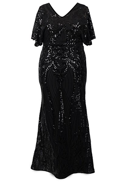 SpringStore Siyah Pul Payetli Büyük Beden Abiye Elbise