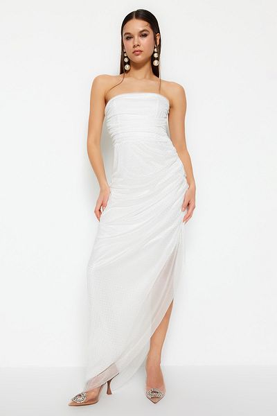 Trendyol Collection Εκρού Body-Sitting πλεκτό γκλίτερ με επένδυση γάμου/Nikah μακρύ βραδινό φόρεμα TPRSS23AE00234