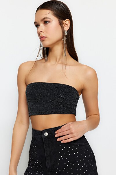 Trendyol Collection Třpytivé antracitové pletené plodiny Bustier - TPRSS23BS00124