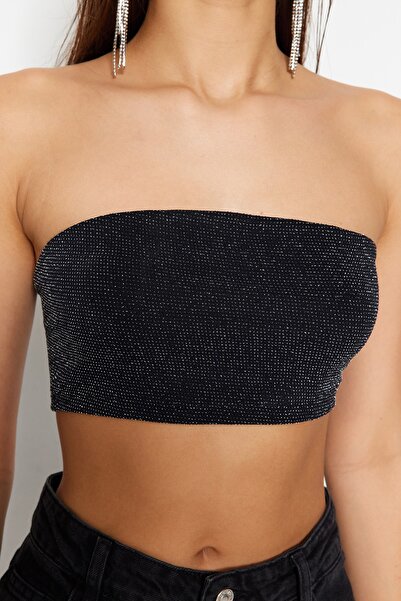 Trendyol Collection Třpytivé antracitové pletené plodiny Bustier - TPRSS23BS00124