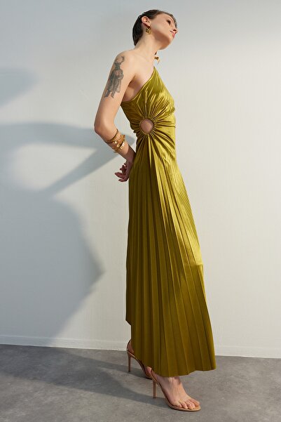 Trendyol Collection Rochie de seară elegantă, verde deschis, asimetrică, plisată, rochie de absolvire de noapte TPRSS23EL00557