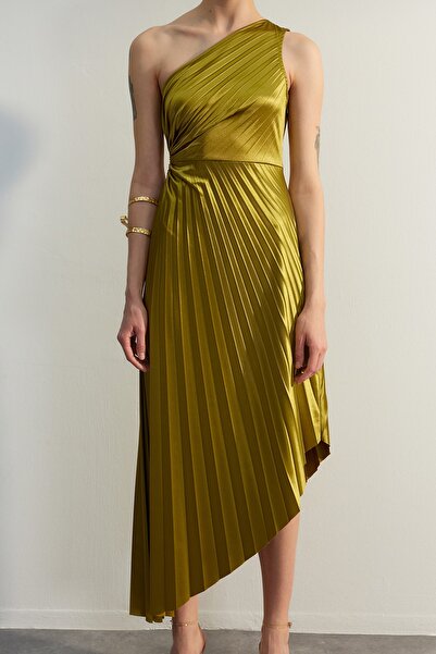 Trendyol Collection Rochie de seară elegantă, verde deschis, asimetrică, plisată, rochie de absolvire de noapte TPRSS23EL00557