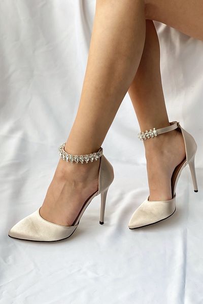 Nil Shoes Gizmo Beige Satin Ankle Stoned Heeled Shoes