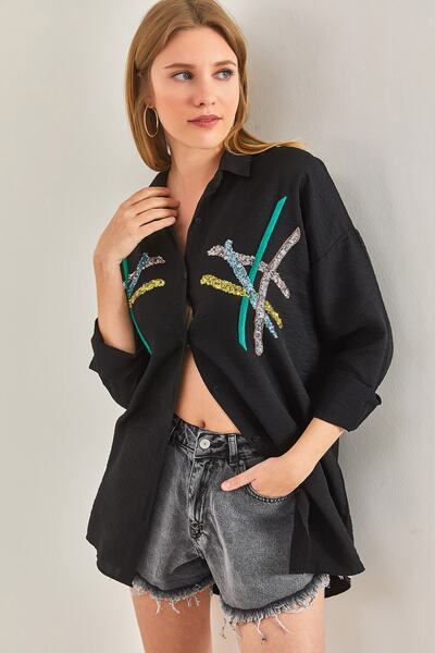 Bianco Lucci Damen-Hemd „Ayrobin“ aus Leinen mit Pailletten-Palettenstickerei