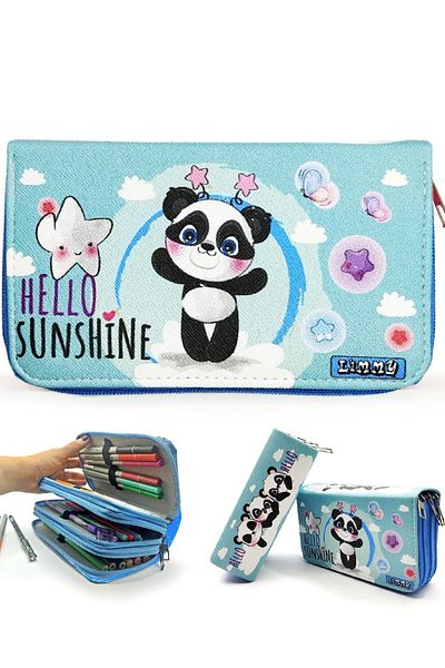 Limmy Trusa pentru creion Panda Kawai Organizator Pen Box din piele vegană Suport stilou cu trei compartimente-albastru