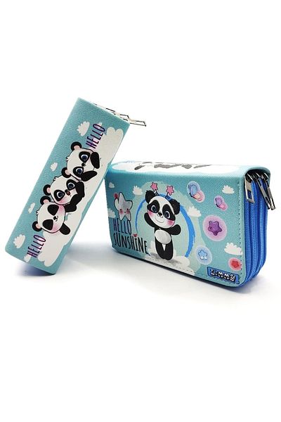 Limmy Trusa pentru creion Panda Kawai Organizator Pen Box din piele vegană Suport stilou cu trei compartimente-albastru