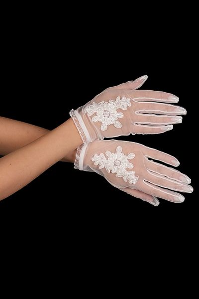 Hayalperest boncuk White Flower Detailed Custom Short Bridal Gloves Party And Costume Gloves