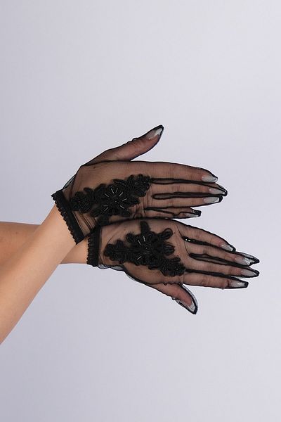 Hayalperest boncuk Black Flower Detailed Special Short Bridal Gloves Party And Costume Gloves