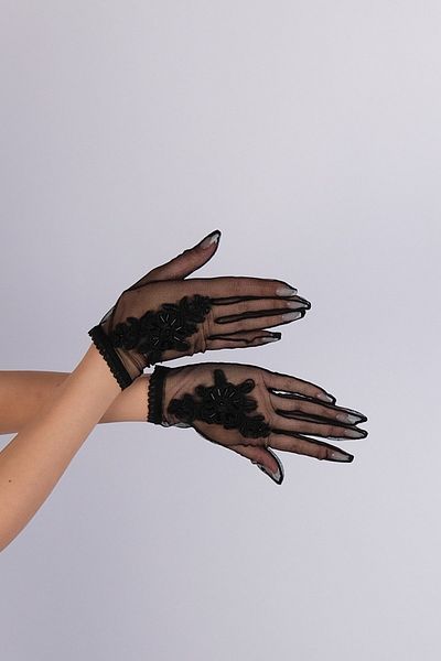 Hayalperest boncuk Black Flower Detailed Special Short Bridal Gloves Party And Costume Gloves