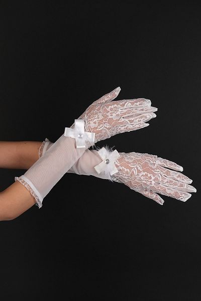 Hayalperest boncuk White Half Sleeve Flower Patterned Ribbon Bridal Gloves
