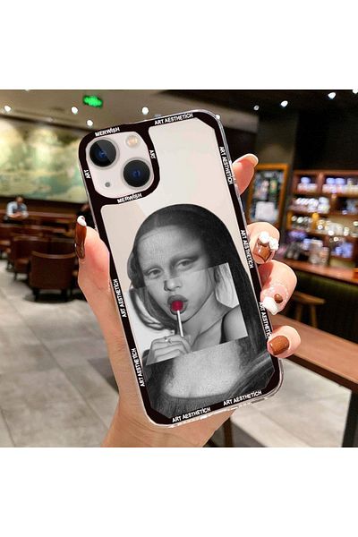 Merwish حافظة شفافة مطبوعة بنمط موناليزا متوافقة مع هاتف Apple Iphone 13 و14 مع حافة وحماية للكاميرا