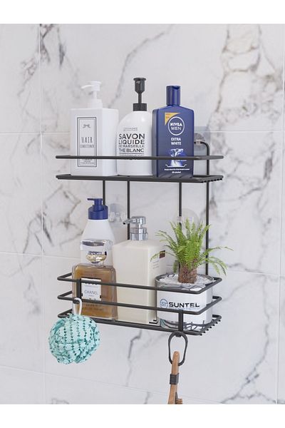 SUNTEL BANYO VE MUTFAK AKSESUARLARI Αυτοκόλλητο Μαύρο Ράφι Μπάνιου + 2 Τεμάχια S Γάντζος Δώρο
