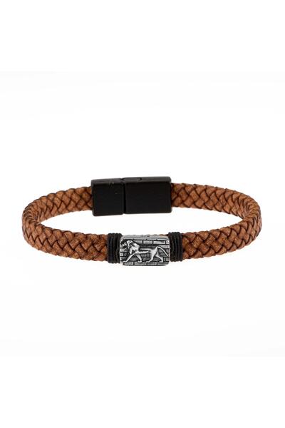 OSMANLI DOĞAL TAŞ Brown Leather Braid Silver Men's Bracelet