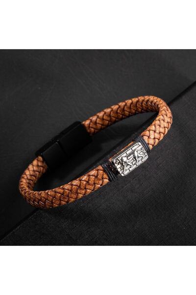 OSMANLI DOĞAL TAŞ Brown Leather Braid Silver Men's Bracelet