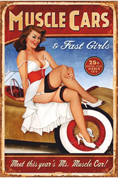 Hayat Poster Κόρη Classic Muscle Cars Pin Up - Ξύλινη ρετρό αφίσα αυτοκινήτου
