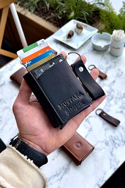 CüzCan Unisex Siyah Hakiki Deri Mekanizmalı Cüzdan - (isme Özel) - (hakiki Deri Anahtarlık Hediyeli)