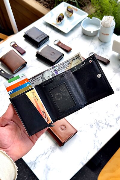 CüzCan Unisex Siyah Hakiki Deri Mekanizmalı Cüzdan - (isme Özel) - (hakiki Deri Anahtarlık Hediyeli)