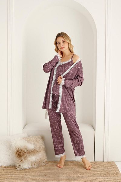 SEBOTEKS Rope Strap Micro Polka Dot Guipure Detailed 3-Piece Pajama Set with Robe 20346