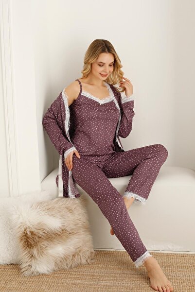 SEBOTEKS Ip Askılı Micro Puantiyeli Güpür Detaylı Sabahlıklı 3'lü Pijama Takımı 20346