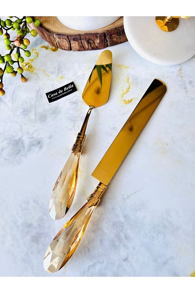 CASA DE BELLA Diamond 2 Piece Gold Spatula Knife Cake Serving Set with Crystal Handles