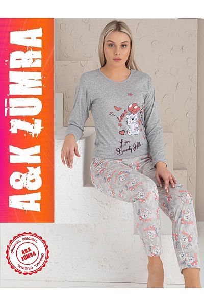 A&K ZÜMRA Women's Summer Combed Cotton Pajama Set Gray