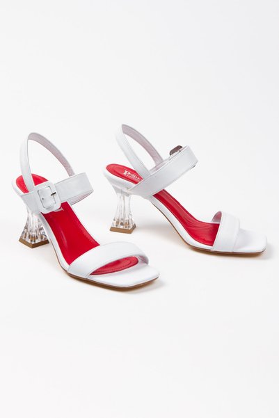 aka prestij ayakkabı comfort Genuine Leather Single Strap Transparent Heel Buckle White Women's Heeled Shoes