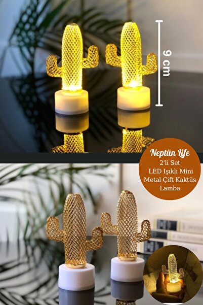 Neptün Life Dekoratif Led Işıklı Mini Metal Çift Kaktüs Lamba