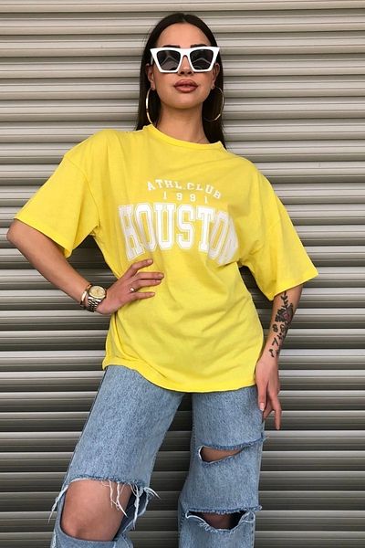 Mambo Women's Yellow Houston Text Printed Oversize T-shirt